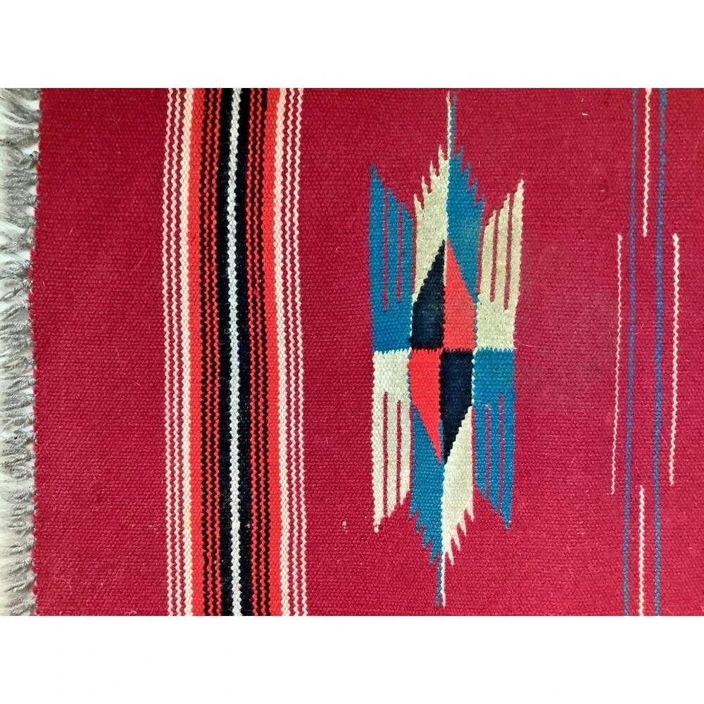 Hand Woven Southwest Wool Table Runner Wall Art Rug Red Geometric 13